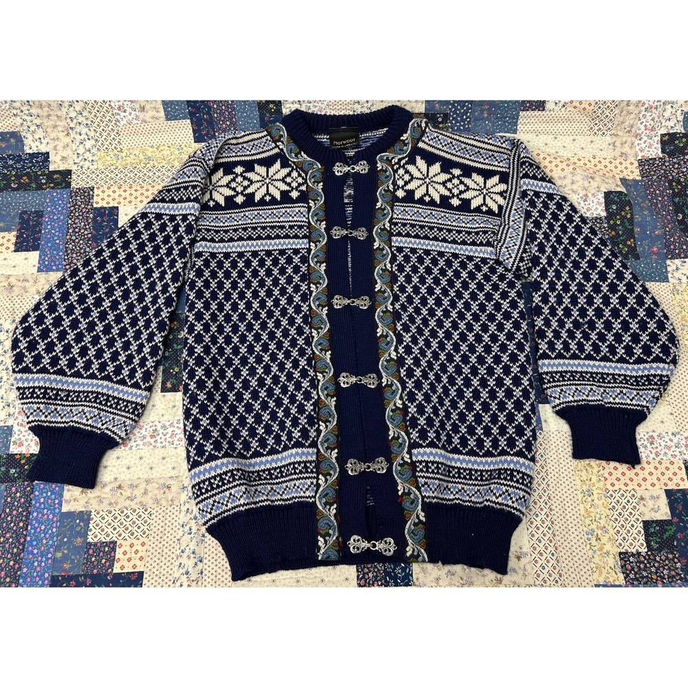 Vintage Norwool Norway 100% Wool Cardigan Blue/White Size Med
